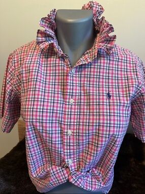 Polo by Ralph Lauren Pink Plaid Short-Sleeve Ruffle collar Shirt